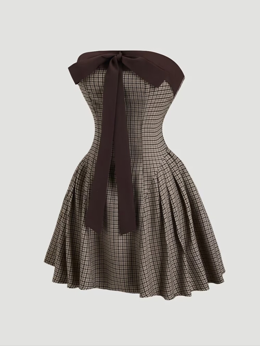 Retro Preppy Style Cami Dress Houndstooth Bow Waist-Cinching A-Line Pleated Skir - Picture 5 of 6